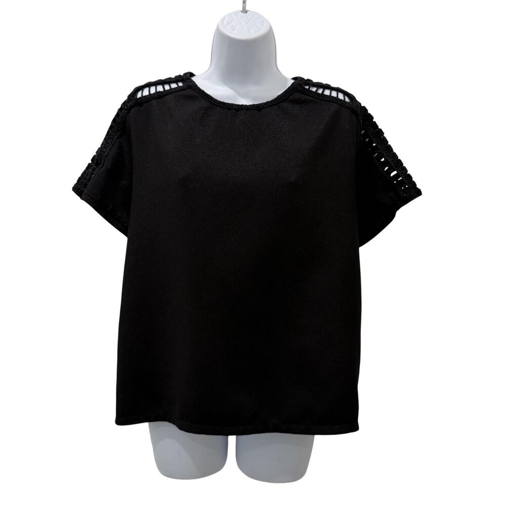 Beulah Style Blouse Womens Medium Black Crochet Shoulder Short Sleeve Top